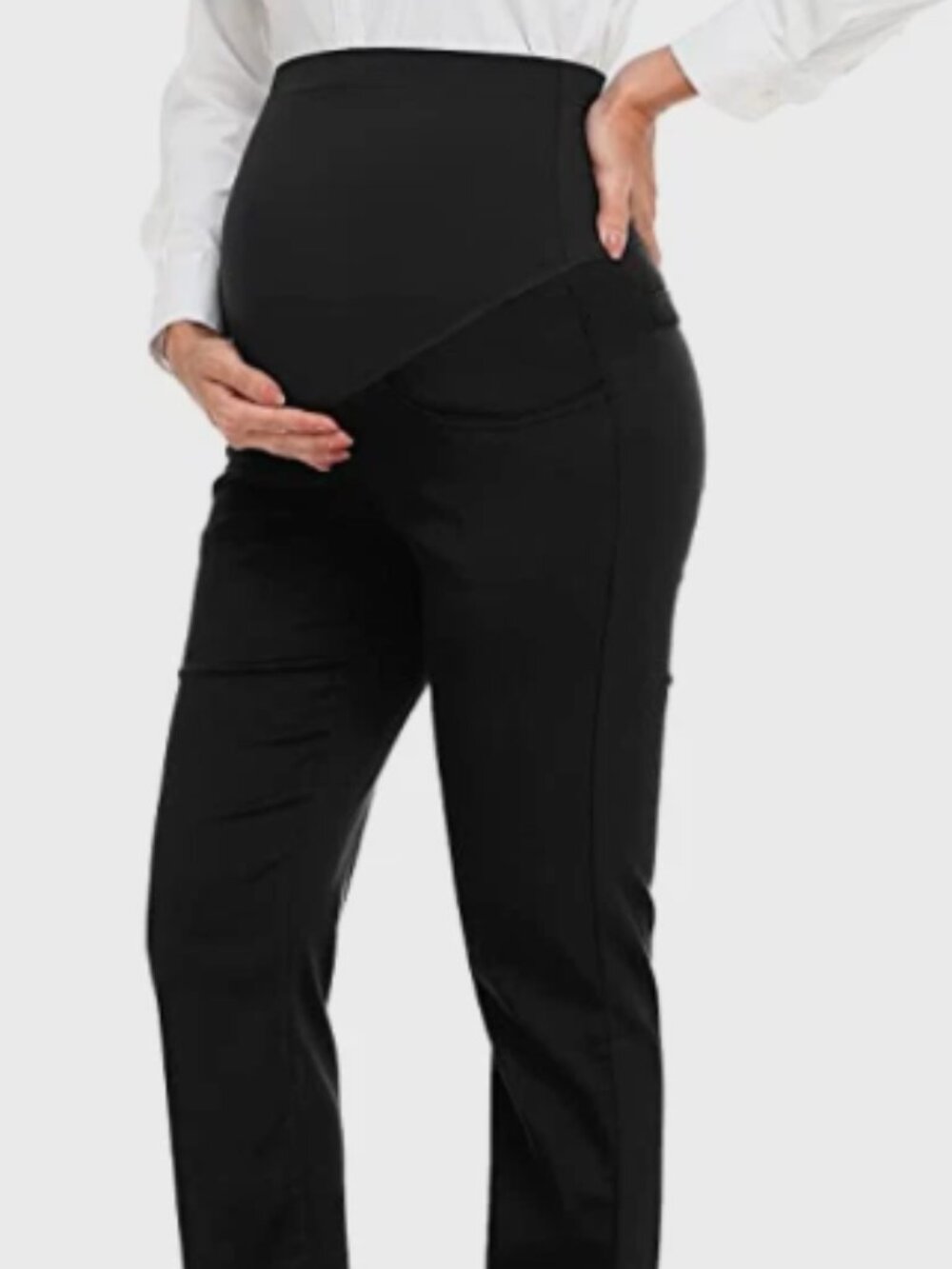 Women's Black Maternity Dress Pants Over-Bump Stretchy Straight w/Pockets-Large